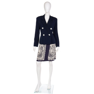 1980s Albert Nipon Navy Blue & White Scarf Print Skirt Jacket & Silk Scarf Suit Outfit