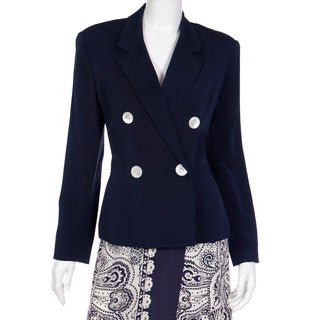 1980s Albert Nipon Navy Blue & White Scarf Print Skirt Jacket & Silk Scarf 3 piece outfit