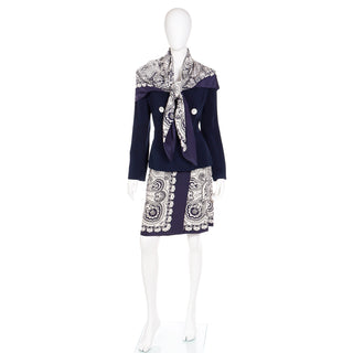 1980s Albert Nipon Navy Blue & White Scarf Print Silk Skirt Jacket & Silk Scarf Suit