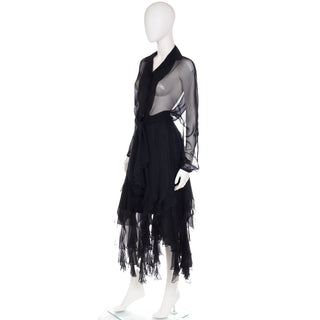 1990s Alberto Makali Vintage Sheer Black 2Pc Evening Dress  w ruffled fringe