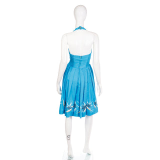 1950s Alfred Shaheen Blue Halter Dress w Birds of Paradise Flowers