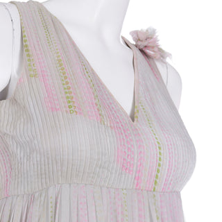 1970s André Laug For Audrey Silk Chiffon Pastel Dot Maxi Dress w open back & flower