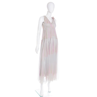 1970s André Laug For Audrey Silk Chiffon Pastel Dot Maxi Evening Dress