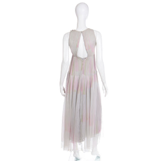1970s André Laug For Audrey Silk Chiffon Pastel Dot Maxi Dress Sz XS