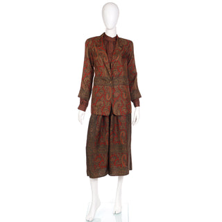 1970s Anne Klein Paisley Print Silk 3 Pc Skirt Blouse & Jacket Vintage Outfit