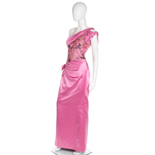 1990s Bellville Sassoon One Shoulder Pink Satin Evening Dress W Shawl Wrap & Draping