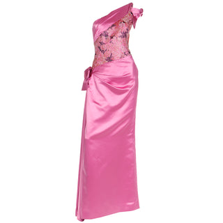 1990s Bellville Sassoon One Shoulder Pink Satin Evening Dress W Shawl Wrap 90s