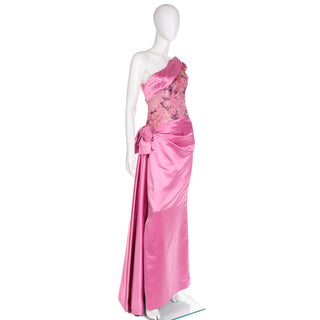 1990s Bellville Sassoon One Shoulder Pink Satin Evening Dress W Shawl Wrap Size M