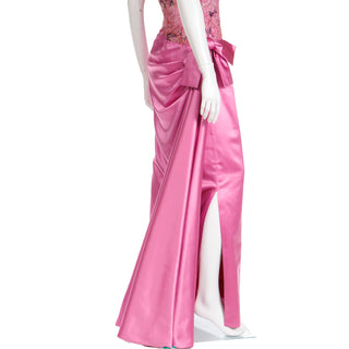 1990s Bellville Sassoon One Shoulder Pink Satin Evening Dress W Shawl Wrap & Slit