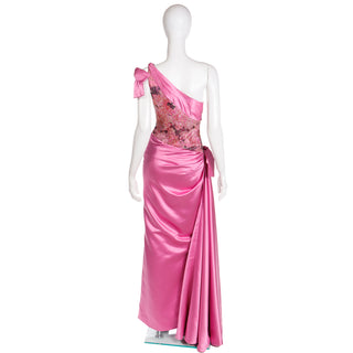 1990s Bellville Sassoon One Shoulder Pink Satin Evening Dress W Shawl Wrap M