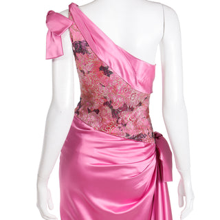 1990s Bellville Sassoon One Shoulder Pink Satin Evening Dress W Shawl Wrap w Lace Mesh