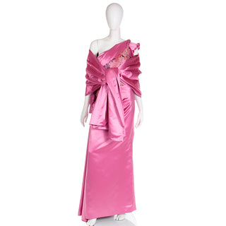 1990s Bellville Sassoon One Shoulder Pink Satin Evening Dress W Shawl Wrap Size Medium Made in England