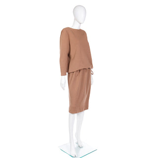 Vintage 1970s Bill Blass Camel Brown Knit 2pc Day Dress Outfit