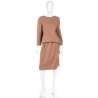 1970s Bill Blass Vintage Camel Brown Knit 2 pc Day Dress Outfit