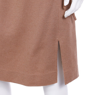 1970s Bill Blass Vintage Camel Brown Knit 2pc Day Dress Outfit With Skirt and L/S Top
