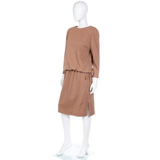 1970s Bill Blass Vintage Camel Brown Knit 2pc Day Dress Outfit with Skirt & Top