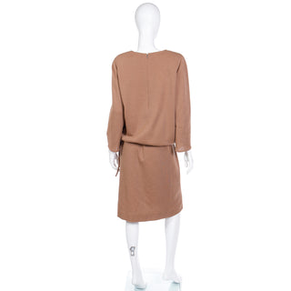 1970s Bill Blass Vintage Camel Brown Knit 2pc Top & Skirt Day Dress Outfit