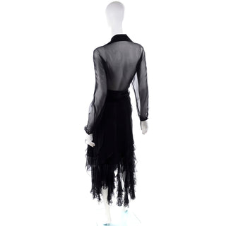 1990s Alberto Makali Vintage Sheer Black 2Pc Evening Dress  with ruffles