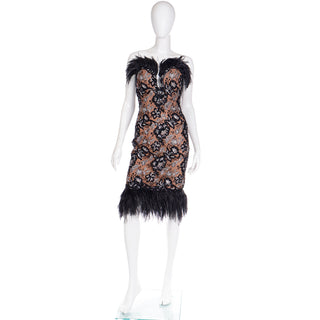 1980s Bob Mackie Black Sequin & SIlver Metallic  strapless Feather Dress