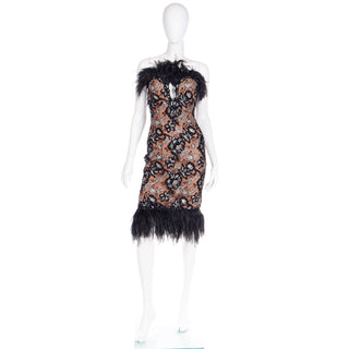 Vintage 1980s Bob Mackie Black Sequin & SIlver Metallic Feather Dress Strapless Evening dress