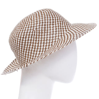 Unique 1990s Vintage Brown and White Checked Woven Straw Hat