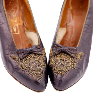 Antique Edwardian CH Wolfelt Co Purple Leather Gold Beaded Shoes