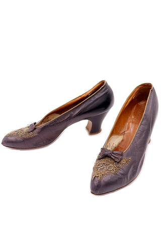Edwardian CH Wolfelt Co Purple Leather Gold Beaded Shoes