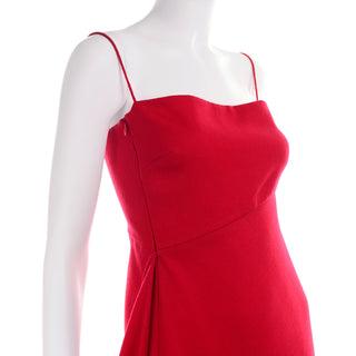 1990s Carla Zampatti Red Asymmetrical Evening Dress with spaghetti straps and pleat on bodice