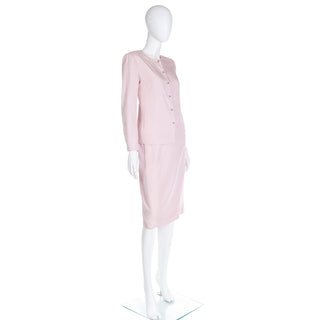 1970s Chanel Creations Philippe Guibourge Pink Silk 2 Pc  Suit with Lions Head Buttons