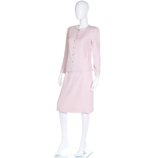 1970s Chanel Creations Philippe Guibourge Pink Silk 2 Pc Suit w Lions Head Buttons
