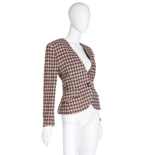 1980s Vintage Christian Dior Brown Check Houndstooth Blazer Jacket Size 8