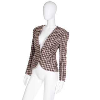 1980s Vintage Christian Dior Brown Check Houndstooth Blazer Jacket w pockets