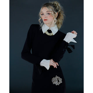 Vintage 1980s Christian Dior Black Dress w Beaded Dior Logo & Organza Collar & Cuffs