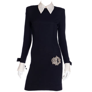 1980s Christian Dior Black Dress w Beaded Dior Logo & Organza Collar & Cuffs