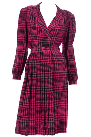1980s Vintage 100% Silk Dark Pink & Black Houndstooth 2pc Day Dress