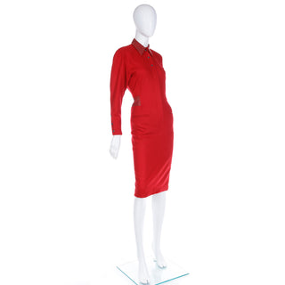 1980s Claude Montana Red Wool Vintage Dress With Studs & Kick Pleat