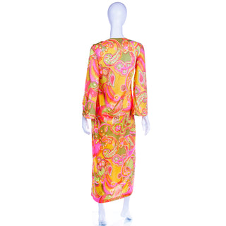 1960s Cole of California Mod Bold Pink Yellow & Green Floral Maxi Dress in Paisley Print