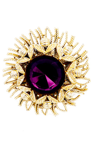 1960s Coro Vintage Gold Brooch With Faceted Purple Stone