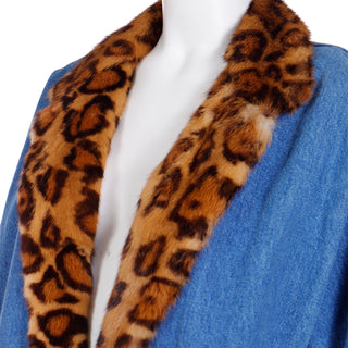 1990s Denim Duster Coat w Leopard Print Genuine Mink Fur Lining