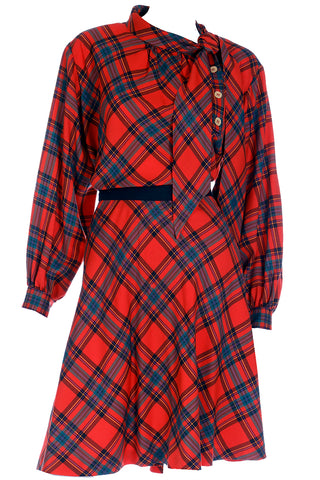 F/W 1987 Yves Saint Laurent Red Plaid 2pc Dress W Skirt & Tie Blouse Made in France