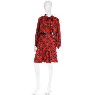 F/W 1987 Yves Saint Laurent Red Plaid 2pc Dress W Skirt & Tie Blouse from YSL