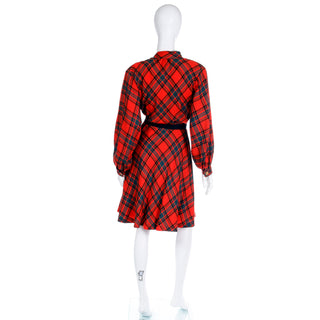 F/W 1987 Yves Saint Laurent Red Plaid 2pc Dress With Skirt & Tie Blouse