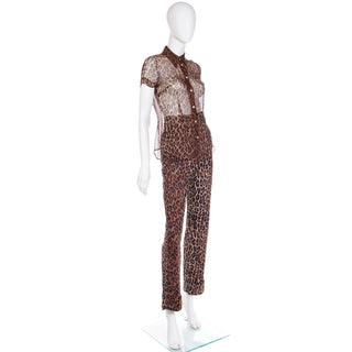 2000s Dolce & Gabbana Brown Leopard  Print 2 piece Sheer Silk Top & Pants Outfit