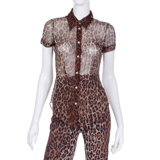 2000s Dolce & Gabbana Black & Brown Leopard  Print Sheer Silk Top & Pants Outfit