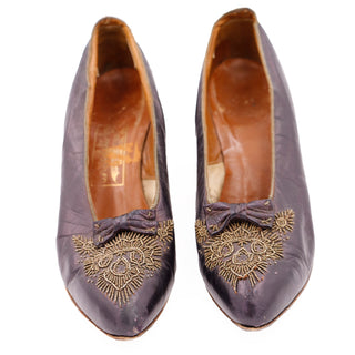 Edwardian CH Wolfelt Co Purple Leather Gold Beaded Shoes 1910s