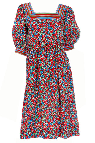 Late 70s or Early 1980s Emanuel Ungaro Parallele Silk Dress in Blue & Red Fruit Print