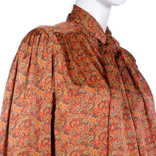 1980s Escada Copper Brown Yellow & Orange Paisley Print Silk Blouse With Neck Tie Sash