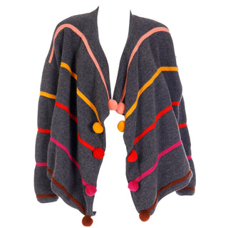 1980s Escada Margaretha Ley Grey Wool Sweater W Colorful Pom Poms 80s