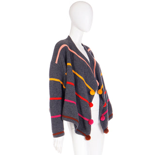 1980s Escada Margaretha Ley Grey Wool Sweater W Colorful Pom Poms Made in W Germany