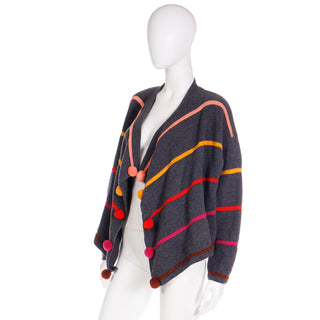 Vintage 1980s Escada Margaretha Ley Grey Wool Sweater W Colorful Pom Poms & Ribbons